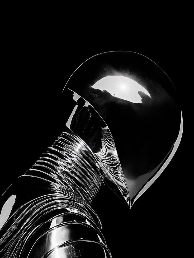 Chrome helmet figure on black